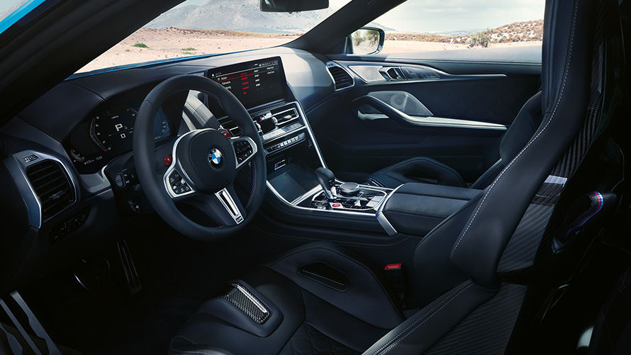 The BMW M8 Competition Coupé F92 LCI Facelift 2022 Cockpit Interior M leather steering wheel M Carbon bucket seats